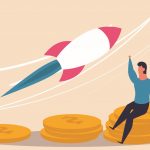 Tips for a successful fundraiser – illustration of a man sitting on coins, with a rocket in the air